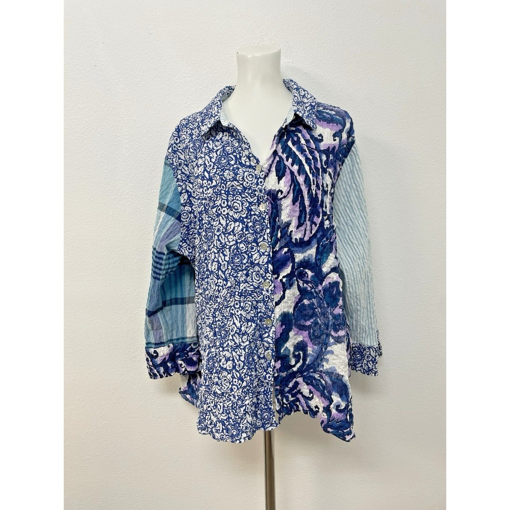 Habitat Crinkled Mixed Print Stir It Up Button Down Shirt Top Blouse Artsy Lg